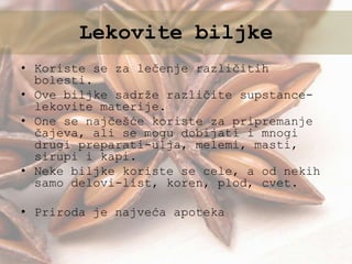 • Koriste se za lečenje različitih
bolesti.
• Ove biljke sadrže različite supstance-
lekovite materije.
• One se najčešće koriste za pripremanje
čajeva, ali se mogu dobijati i mnogi
drugi preparati-ulja, melemi, masti,
sirupi i kapi.
• Neke biljke koriste se cele, a od nekih
samo delovi-list, koren, plod, cvet.
• Priroda je najveća apoteka
Lekovite biljke
 