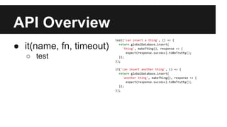 API Overview
● it(name, fn, timeout)
○ test
test('can insert a thing', () => {
return globalDatabase.insert(
'thing', makeThing(), response => {
expect(response.success).toBeTruthy();
});
});
it('can insert another thing', () => {
return globalDatabase.insert(
'another thing', makeThing(), response => {
expect(response.success).toBeTruthy();
});
});
 