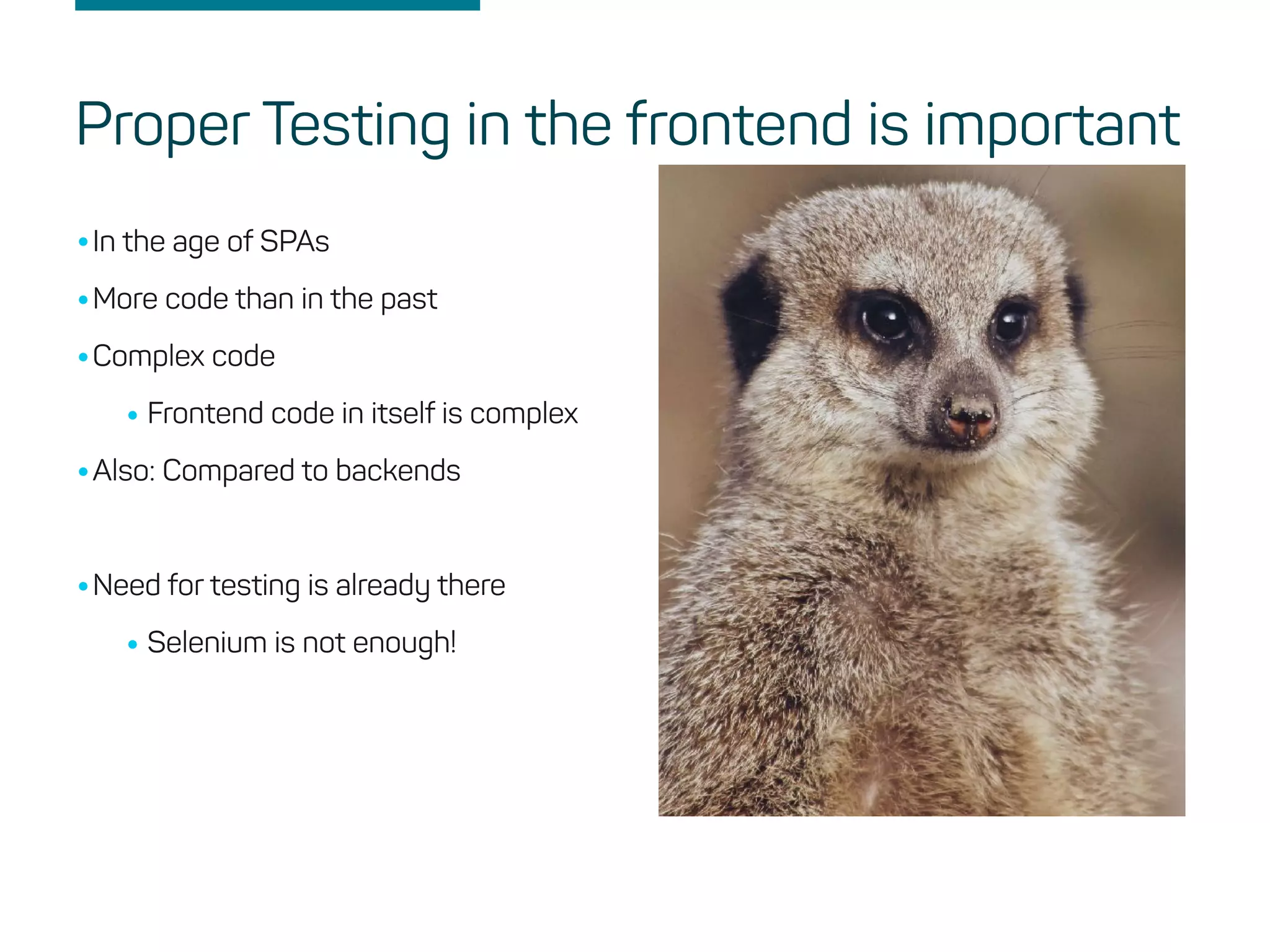 •In the age of SPAs
•More code than in the past
•Complex code
•Frontend code in itself is complex
•Also: Compared to backends
•Need for testing is already there
•Selenium is not enough!
Proper Testing in the frontend is important
 