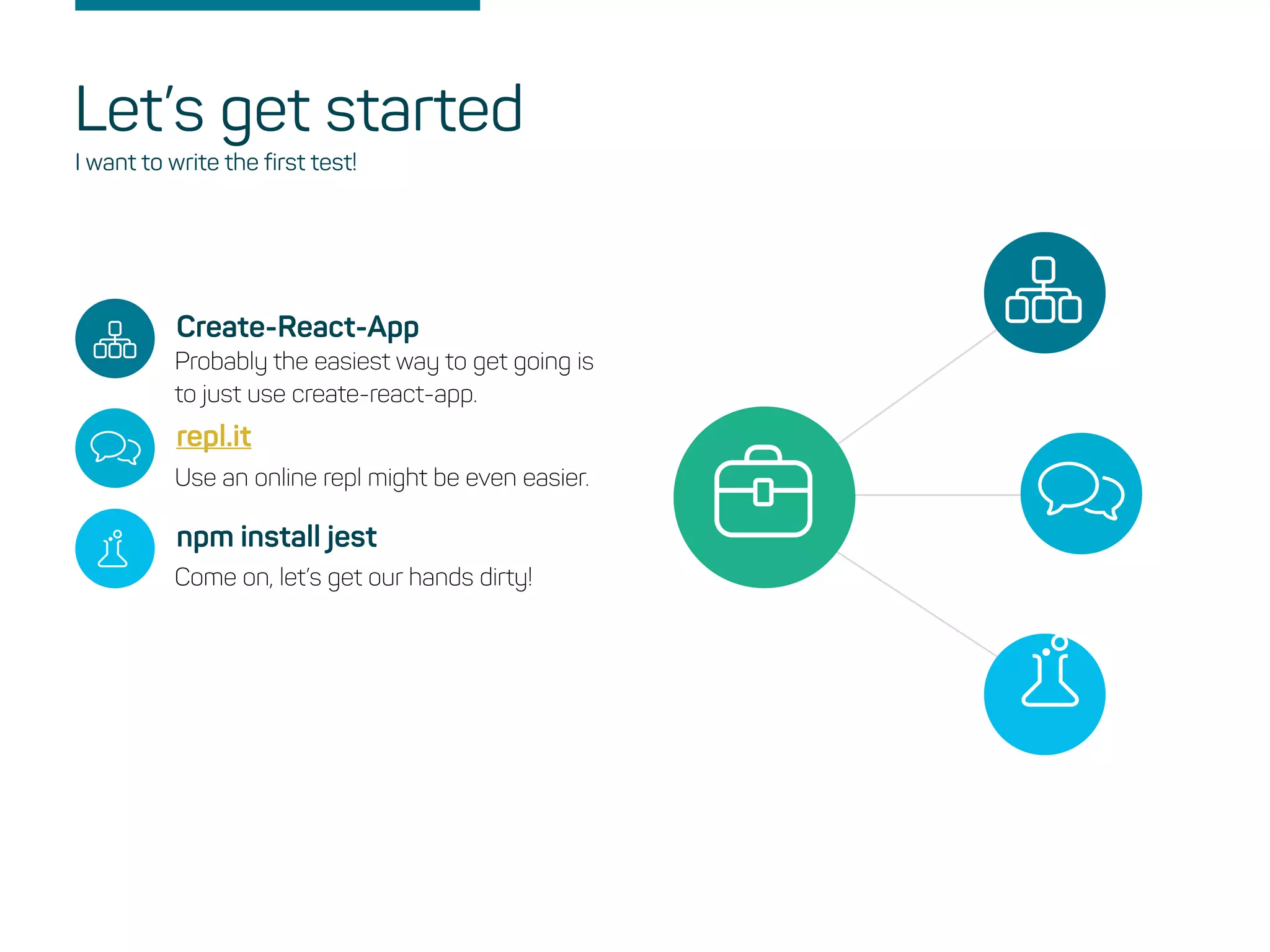 Create-React-App
Probably the easiest way to get going is
to just use create-react-app.
repl.it
Use an online repl might be even easier.
npm install jest
Come on, let’s get our hands dirty!
Let’s get started
I want to write the first test!
 