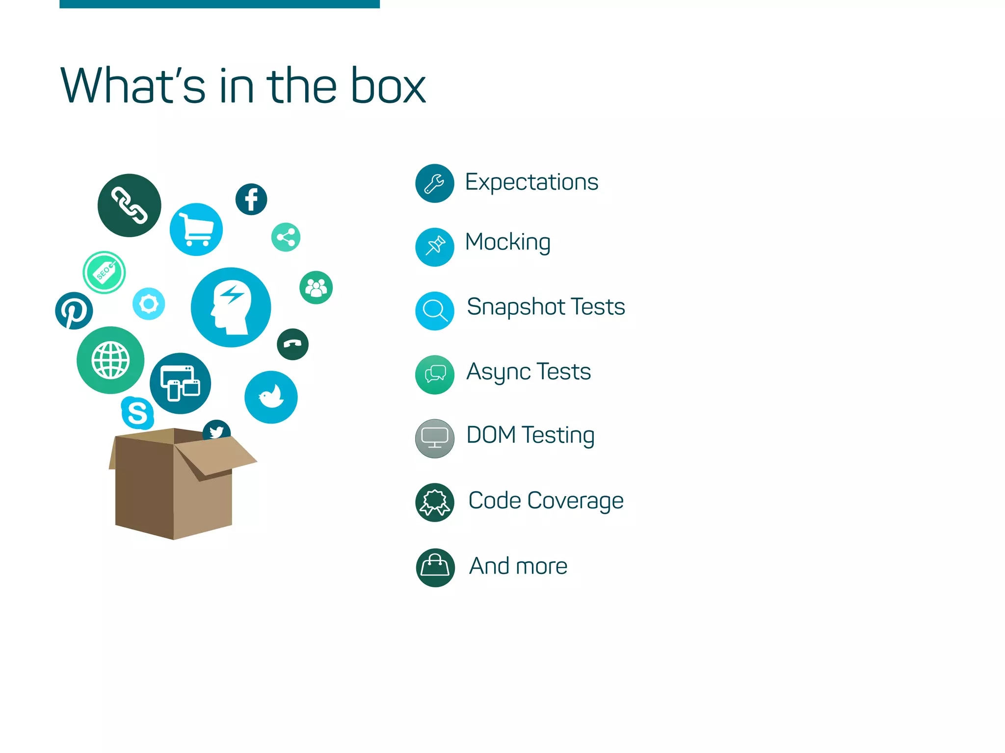 Expectations
Mocking
Snapshot Tests
What’s in the box
Async Tests
DOM Testing
Code Coverage
And more
 