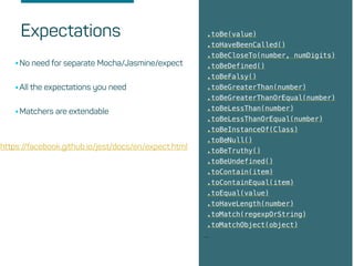 Expectations .toBe(value)
.toHaveBeenCalled()
.toBeCloseTo(number, numDigits)
.toBeDefined()
.toBeFalsy()
.toBeGreaterThan(number)
.toBeGreaterThanOrEqual(number)
.toBeLessThan(number)
.toBeLessThanOrEqual(number)
.toBeInstanceOf(Class)
.toBeNull()
.toBeTruthy()
.toBeUndefined()
.toContain(item)
.toContainEqual(item)
.toEqual(value)
.toHaveLength(number)
.toMatch(regexpOrString)
.toMatchObject(object)
…
•No need for separate Mocha/Jasmine/expect
•All the expectations you need
•Matchers are extendable
https://facebook.github.io/jest/docs/en/expect.html
 