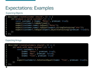 Expectations: Examples
Expecting Objects
1 describe('createCustomer should’, () => {
2 it('produce a valid customer',() =>...