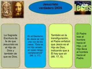La Sagrada
Escritura da
fe de que
Jesucristo es
el Hijo de
Dios y
también de
que es Dios.
En el Bautismo
de Jesús se oyó
una voz de los
cielos: “Éste es
mi Hijo amado,
en quien tengo
complacencia"
(Mt. 3, 17).
También en la
transfiguración,
el Padre enfatizó
que Jesús es el
Hijo de Dios,
indicando que a
Él hay que oír
(Mt. 17, 5).
El Padre
trae al
hombre
hacia el
Hijo, y el
Hijo lleva
al hombre
hacia el
Padre.
Jesucristo
verdadero DIOS
 