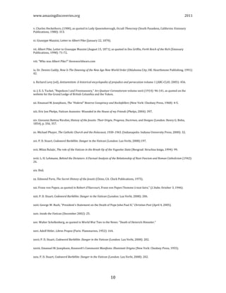 www.amazingdiscoveries.org 2011
10
v. Charles Heckethorn, (1900), as quoted in Lady Queensborough, Occult Theocrasy (South Pasadena, California: Emissary
Publications, 1980): 313.
vi. Giuseppe Mazzini, Letter to Albert Pike (January 22, 1870).
vii. Albert Pike, Letter to Giuseppe Mazzini (August 15, 1871), as quoted in Des Griffin, Forth Reich of the Rich (Emissary
Publications, 1998): 71-72.
viii. "Who was Albert Pike?” threeworldwars.com
ix. Dr. Dennis Cuddy, Now Is The Dawning of the New Age New World Order (Oklahoma City, OK: Hearthstone Publishing, 1991):
42.
x. Richard Levy (ed), Antisemitism: A historical encyclopedia of prejudice and persecution volume 1 (ABC-CLIO, 2005): 456.
xi. J. E. S. Tucket, "Napoleon I and Freemasonry," Ars Quatuor Coronatorum volume xxvii (1914): 96-141, as quoted on the
website for the Grand Lodge of British Columbia and the Yukon.
xii. Emanuel M. Josephson, The “Federal” Reserve Conspiracy and Rockefellers (New York: Chedney Press, 1968): 4-5.
xiii. Eric Jon Phelps, Vatican Assassins: Wounded in the House of my Friends (Phelps, 2004): 397.
xiv. Giovanni Battisa Nicolini, History of the Jesuits: Their Origin, Progress, Doctrines, and Designs (London: Henry G. Bohn,
1854), p. 356, 357.
xv. Michael Phayer, The Catholic Church and the Holocaust, 1930–1965. (Indianapolis: Indiana University Press, 2000): 32.
xvi. P. D. Stuart, Codeword Barbêlôn: Danger in the Vatican (London: Lux Verbi, 2008):197.
xvii. Milan Bulajic, The role of the Vatican in the Break-Up of the Yugoslav State (Beograd: Struchna kniga, 1994): 99.
xviii. L. H. Lehmann, Behind the Dictators: A Factual Analysis of the Relationship of Nazi-Fascism and Roman Catholicism (1942):
26.
xix. Ibid.
xx. Edmond Paris, The Secret History of the Jesuits (Chino, CA: Chick Publications, 1975).
xxi. Franz von Papen, as quoted in Robert d’Harcourt, Franz von Papen l’homme à tout faire," (L’Aube, October 3, 1946).
xxii. P. D. Stuart, Codeword Barbêlôn: Danger in the Vatican (London: Lux Verbi, 2008): 206.
xxiii. George W. Bush, "President's Statement on the Death of Pope John Paul II," Christian Post (April 4, 2005).
xxiv. Inside the Vatican (December 2002): 25.
xxv. Walter Schellenberg, as quoted in World War Two in the News: "Death of Heinrich Himmler."
xxvi. Adolf Hitler, Libres Propos (Paris: Flammarion, 1952): 164.
xxvii. P. D. Stuart, Codeword Barbêlôn: Danger in the Vatican (London: Lux Verbi, 2008): 202.
xxviii. Emanuel M. Josephson, Roosevelt’s Communist Manifesto: Illuminati Origins (New York: Chedney Press, 1955).
xxix. P. D. Stuart, Codeword Barbêlôn: Danger in the Vatican (London: Lux Verbi, 2008): 202.
 