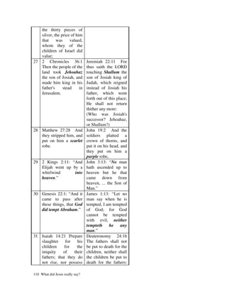 the thirty pieces of
   silver, the price of him
   that     was     valued,
   whom they of the
   children of Israel did
   value;
27 2 Chronicles 36:1             Jeremiah 22:11 For
   Then the people of the        thus saith the LORD
   land took Jehoahaz            touching Shallum the
   the son of Josiah, and        son of Josiah king of
   made him king in his          Judah, which reigned
   father's     stead     in     instead of Josiah his
   Jerusalem.                    father, which went
                                 forth out of this place;
                                 He shall not return
                                 thither any more:
                                 (Who was Josiah's
                                 successor? Jehoahaz,
                                 or Shallum?)
28 Matthew 27:28 And             John 19:2 And the
   they stripped him, and        soldiers platted a
   put on him a scarlet          crown of thorns, and
   robe.                         put it on his head, and
                                 they put on him a
                                 purple robe,
29 2 Kings 2:11: “And            John 3:13: “No man
   Elijah went up by a           hath ascended up to
   whirlwind       into          heaven but he that
   heaven.”                      came down from
                                 heaven, ... the Son of
                                 Man.”
30 Genesis 22:1: “And it         James 1:13: “Let no
   came to pass after            man say when he is
   these things, that God        tempted, I am tempted
   did tempt Abraham.”           of God; for God
                                 cannot be tempted
                                 with evil, neither
                                 tempteth      he any
                                 man.”
31 Isaiah 14:21 Prepare          Deuteronomy 24:16
   slaughter     for   his       The fathers shall not
   children     for    the       be put to death for the
   iniquity    of    their       children, neither shall
   fathers; that they do         the children be put to
   not rise, nor possess         death for the fathers:

110 What did Jesus really say?
 