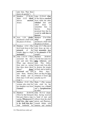 unto him, That thou
   doest, do quickly”)
47 Matthew      27:38-44,        Luke 23:39-43 (One
   Mark 15:32 (Both              of the thieves mocked
   thieves        mocked         Jesus while the other
   Jesus).                       rebuked him and
                                 asked      Jesus       to
                                 remember him in
                                 heaven,            Jesus
                                 promised him that he
                                 would be with him in
                                 heaven)
48 Acts 1:18 (Judas              Matthew 27:6-7(The
   purchased a field with        chief             priests
   the pieces of silver).        purchased a field with
                                 the pieces of silver)
49 Matthew 4:5-8 (The            Luke 4:5-7 (The devil
   devil took Jesus to the       took Jesus up into a
   pinnacle     of     the       high mountain, then
   temple, then to a high        to the pinnacle of the
   mountain.)                    temple)
50 John 2:18-19 (“Then           Matthew        26:60-61
   answered the Jews             (“At the last came two
   and said unto him,            false witnesses, and
   What sign shewest             said, This fellow
   thou unto us, seeing          (Jesus) said, I am able
   that thou doest these         to destroy the temple
   things?          Jesus        of God, and to build it
   answered and said             in     three      days..”
   unto them, Destroy            How can they be false
   this temple, and in           witnesses if Jesus did
   three days I will raise       actually say it?)
   it up.”)
51 Matthew 15:22 (The            Mark 7 (The woman
   woman who cried for           who cried for her
   her daughter was from         daughter was a Greek
   Canaan)                       and a Syrophenician
                                 by tribe)
52 Matthew       26:48-50        John 18-3-12 (Judas
   (Now he that betrayed         then, having received
   him gave them a sign,         a band of men and
   saying, Whomsoever I          officers from the chief
   shall kiss, that same         priests and Pharisees,
   is he: hold him fast.         cometh thither with
   And forthwith he              lanterns and torches

116 What did Jesus really say?
 