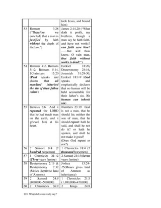 took Jesus, and bound
                                 him)
53 Romans           3:28         James 2:14,20 (“What
   (“Therefore        we         doth it profit, my
   conclude that a man is        brethren, though a
   justified by faith            man say he hath faith,
   without the deeds of          and have not works?
   the law.”)                    can faith save him?
                                 .......But wilt thou
                                 know, O vain man,
                                 that faith without
                                 works is dead?”)
54 Romans 4:2, Romans            Ezekiel           18:20,
   5:12, Romans 5:14,            Deuteronomy 24:16,
   1Corintians       15:20       Jeremiah       31:29-30,
   (Paul speaks and              Ezekiel 18:1-9 (God
   claims      that     all      speaks               and
   mankind       inherited       emphatically declares
   the sin of their father       that no human will be
   Adam)                         held accountable for
                                 their father’s sin. No
                                 human can inherit
                                 sin)
55 Genesis 6:6 And it            Numbers 23:19 God
   repented the LORD             is not a man, that he
   that he had made man          should lie; neither the
   on the earth, and it          son of man, that he
   grieved him at his            should repent: hath he
   heart.                        said, and shall he not
                                 do it? or hath he
                                 spoken, and shall he
                                 not make it good?
                                 (Does God repent or
                                 not?)
56 2 Samuel 8:4 (7               1 Chronicles 18:4 (7
   hundred horsemen)             thousand horsemen)
57 1 Chronicles 21:12            2 Samuel 24:13(Seven
   (Three years famine)          years famine)
58 Deuteronomy 2:19 &            Joshua            13:24-
   Deuteronomy      2:37         25(Moses gives land
   (Moses deprived land          of       Ammon        as
   of Ammon)                     inheritance)
59 2     Samuel     24:9         1 Chronicles 21:5
   (800,000+500,000)             (1,100,000+470,000)
60 2 Chronicles 36:9             2        Kings      24:8

118 What did Jesus really say?
 