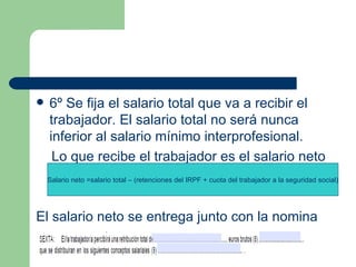 6º Se fija el salario total que va a recibir el trabajador. El salario total no será nunca inferior al salario mínimo interprofesional. Lo que recibe el trabajador es el salario neto El salario neto se entrega junto con la nomina Salario neto =salario total – (retenciones del IRPF + cuota del trabajador a la seguridad social) 