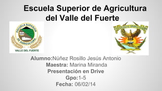 Escuela Superior de Agricultura
del Valle del Fuerte

Alumno:Núñez Rosillo Jesús Antonio
Maestra: Marina Miranda
Presentación en Drive
Gpo:1-5
Fecha: 06/02/14

 