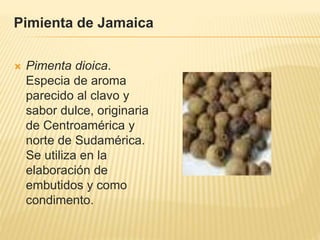 Pimienta de Jamaica
 Pimenta dioica.
Especia de aroma
parecido al clavo y
sabor dulce, originaria
de Centroamérica y
norte de Sudamérica.
Se utiliza en la
elaboración de
embutidos y como
condimento.
 