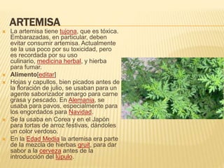 ARTEMISA
 La artemisa tiene tujona, que es tóxica.
Embarazadas, en particular, deben
evitar consumir artemisa. Actualmente
se la usa poco por su toxicidad, pero
es recordada por su uso
culinario, medicina herbal, y hierba
para fumar.
 Alimento[editar]
 Hojas y capullos, bien picados antes de
la floración de julio, se usaban para un
agente saborizador amargo para carne
grasa y pescado. En Alemania, se
usaba para pavos, especialmente para
los engordados para Navidad.
 Se la usaba en Corea y en el Japón
para tortas de arroz festivas, dándoles
un color verdoso.
 En la Edad Media la artemisa era parte
de la mezcla de hierbas gruit, para dar
sabor a la cerveza antes de la
introducción del lúpulo.
 