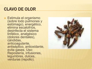 CLAVO DE OLOR
 Estimula el organismo
(sobre todo pulmones y
estómago), energético,
elimina escalofríos,
desinfecta el sistema
linfático, analgésico
(dolores dentales),
cándidas,
anticoagulante,
antiséptico, antioxidante,
evita gases. Uso:
Repostería, infusiones,
legumbres, dulces,
verduras (repollo).
 