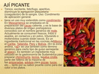 AJÍ PICANTE
 Tónico, excitante, febrífugo, aperitivo,
disminuye la agregación plaquetaria
(coagulación) de la sangre. Uso: Condimento
de aplicación general.
 tiene un uso muy extendido como condimento.
En Mesoamérica se empleaba en la
preparación del cacao caliente, y es la base de
diversos platos de origen prehispánico
conocidos con el nombre genérico de mole.
Actualmente se consumen frescos, fritos o
asados, en conserva y en polvo, triturando o
moliendolos cuando están secos. Es un
ingrediente tradicional en las cocinas deMéxico,
el Caribe, Tailandia, Perú y Bolivia. (En la zona
andina, «ají» se usa también como término
genérico para cierto tipo de guiso semejante
al ajiaco). Es también un ingrediente muy
utilizado en la gastronomía de Sudamérica para
preparar chimichurris, locros, lasalsa criolla,
parte del relleno de la mayoría de
las empanadas, adobos para pizzas, tucos,
etc..., tanto por su sabor picante como para dar
color a los platos.
 