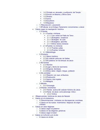  1.6.1Entrada en Jerusalén y purificación del Templo
 1.6.2Unción en Betania y Última Cena
 1.6.3Arresto
 1.6.4Juicio
 1.6.5Crucifixión
 1.6.6Sepultura
o 1.7Resurrección y ascensión
o 1.8Profecías en el Antiguo Testamento concernientes a Jesús
 2Jesús según la investigación histórica
o 2.1Fuentes
 2.1.1Fuentes cristianas
 2.1.1.1Las cartas de Pablo de Tarso
 2.1.1.2Evangelios sinópticos
 2.1.1.3Evangelio de Juan
 2.1.1.4Evangelios apócrifos
 2.1.1.5Otros textos cristianos
 2.1.2Fuentes no cristianas
 2.1.2.1Fuentes judías
 2.1.2.2Fuentes romanas
 2.1.3Metodología
o 2.2Contexto
 2.2.1Marco histórico
 2.2.2El carácter particular de Galilea
 2.2.3El judaísmo en los tiempos de Jesús
o 2.3El hombre
 2.3.1Nombre
 2.3.2Lugar y fecha de nacimiento
 2.3.3Orígenes familiares
 2.3.4Otros datos: religión, lengua, profesión
o 2.4Su actividad
 2.4.1Relación con Juan el Bautista
 2.4.2Predicación
 2.4.3Jesús y las mujeres
 2.4.4Milagros
o 2.5Muerte
 2.5.1Cronología
o 2.6Teorías minoritarias
 2.6.1Teorías acerca del carácter histórico de Jesús
 2.6.2Teoría de Jesús como personaje mítico
 2.6.2.1Crítica
 3Repercusiones históricas de Jesús de Nazaret
 4Jesús en el cristianismo
o 4.1Denominaciones cristianas con discrepancias conciliares
o 4.2Jesús en los nuevos movimientos religiosos de origen
cristiano
 5Jesús en otras religiones
o 5.1Jesús según el judaísmo
o 5.2Jesús en las religiones gnósticas
o 5.3Jesús según el islam
 6Jesús en la ficción y en el arte
o 6.1Jesús en el arte
 