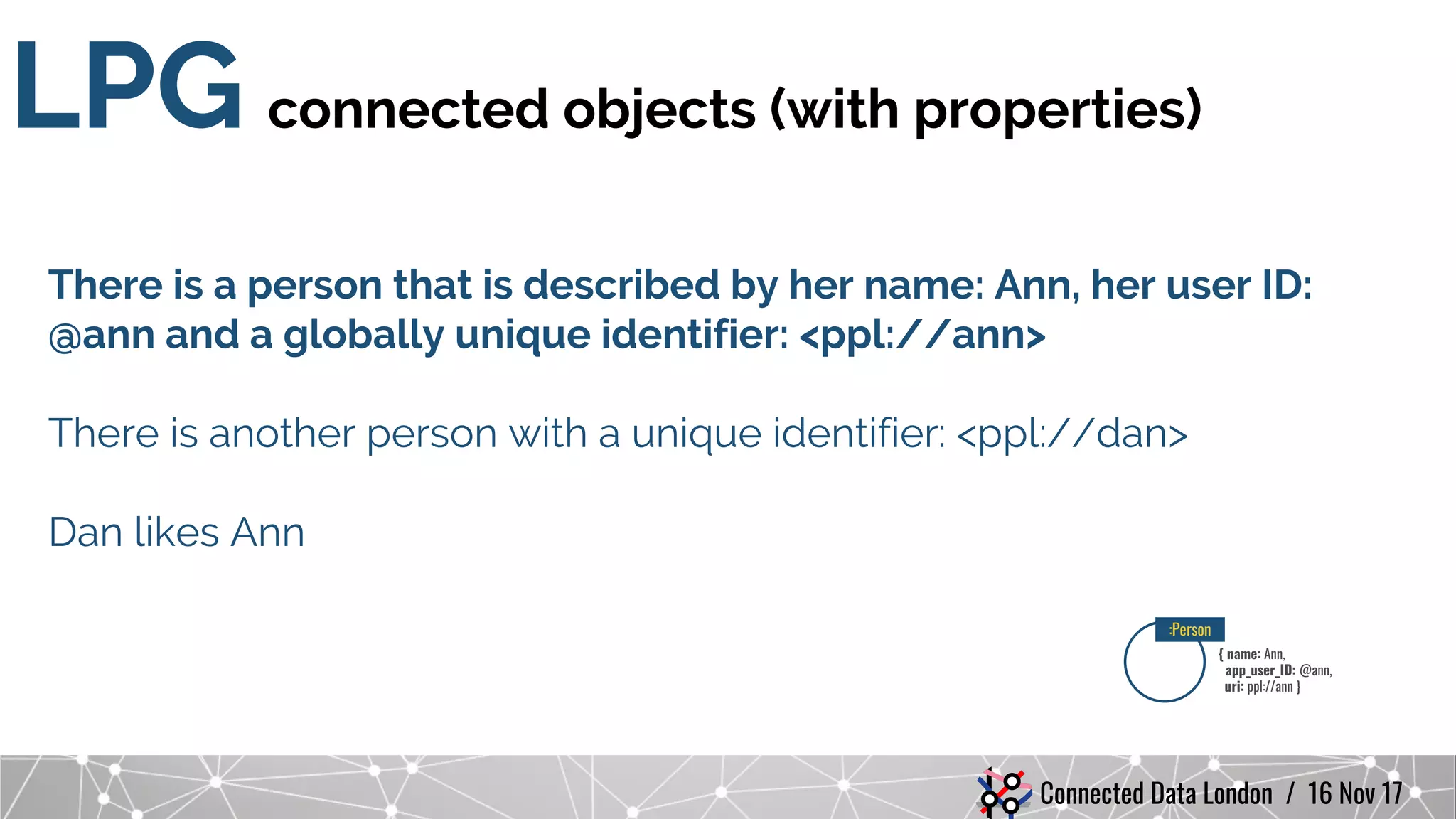Connected Data London / 16 Nov 17
There is a person that is described by her name: Ann, her user ID:
@ann and a globally unique identifier: <ppl://ann>
There is another person with a unique identifier: <ppl://dan>
Dan likes Ann
LPG connected objects (with properties)
{ name: Ann,
app_user_ID: @ann,
uri: ppl://ann }
:Person
 