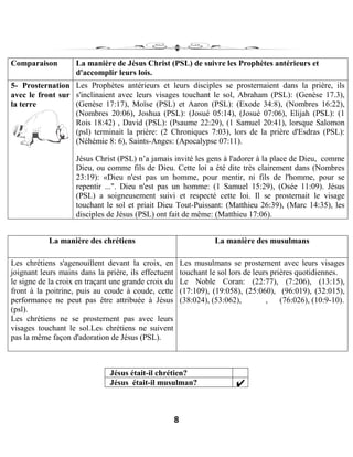 8
Comparaison La manière de Jésus Christ (PSL) de suivre les Prophètes antérieurs et
d'accomplir leurs lois.
5- Prosternation
avec le front sur
la terre
Les Prophètes antérieurs et leurs disciples se prosternaient dans la prière, ils
s'inclinaient avec leurs visages touchant le sol, Abraham (PSL): (Genèse 17.3),
(Genèse 17:17), Moïse (PSL) et Aaron (PSL): (Exode 34:8), (Nombres 16:22),
(Nombres 20:06), Joshua (PSL): (Josué 05:14), (Josué 07:06), Elijah (PSL): (1
Rois 18:42) , David (PSL): (Psaume 22:29), (1 Samuel 20:41), lorsque Salomon
(psl) terminait la prière: (2 Chroniques 7:03), lors de la prière d'Esdras (PSL):
(Néhémie 8: 6), Saints-Anges: (Apocalypse 07:11).
Jésus Christ (PSL) n’a jamais invité les gens à l'adorer à la place de Dieu, comme
Dieu, ou comme fils de Dieu. Cette loi a été dite très clairement dans (Nombres
23:19): «Dieu n'est pas un homme, pour mentir, ni fils de l'homme, pour se
repentir ...". Dieu n'est pas un homme: (1 Samuel 15:29), (Osée 11:09). Jésus
(PSL) a soigneusement suivi et respecté cette loi. Il se prosternait le visage
touchant le sol et priait Dieu Tout-Puissant: (Matthieu 26:39), (Marc 14:35), les
disciples de Jésus (PSL) ont fait de même: (Matthieu 17:06).
La manière des chrétiens La manière des musulmans
Les chrétiens s'agenouillent devant la croix, en
joignant leurs mains dans la prière, ils effectuent
le signe de la croix en traçant une grande croix du
front à la poitrine, puis au coude à coude, cette
performance ne peut pas être attribuée à Jésus
(psl).
Les chrétiens ne se prosternent pas avec leurs
visages touchant le sol.Les chrétiens ne suivent
pas la même façon d'adoration de Jésus (PSL).
Les musulmans se prosternent avec leurs visages
touchant le sol lors de leurs prières quotidiennes.
Le Noble Coran: (22:77), (7:206), (13:15),
(17:109), (19:058), (25:060), (96:019), (32:015),
(38:024), (53:062), , (76:026), (10:9-10).
Jésus était-il chrétien?
Jésus était-il musulman?
 