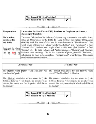 37
Was Jesus (PBUH) a Christian?
Was Jesus (PBUH) a Muslim?
Comparaison La manière de Jésus Christ (PSL) de suivre les Prophètes antérieurs et
d'accomplir leurs lois.
30- Muslims
mentioned in
the Bible
The name "Meshullam" in Hebrew ‫ָם‬‫לּ‬ֻ‫שׁ‬ְ‫מ‬ was very common in post-exilic times,
it has 25 Occurrences in the Bible. In (Luke 6:40) of the Hebrew Bible, Jesus
(PBUH) used this word ‫שׁמשׁלם‬ and its transliteration is "She-Mushlam". The
word origin of these two Hebrew words "Meshullam" and "Mushlam" is from
"Shalam" ‫ַם‬‫ל‬ָ‫שׁ‬ , and the word origin of this Arabic word ٌ‫ﻢ‬ِ‫ﻠ‬ْ‫ﺴ‬ُ‫ﻣ‬ "Muslim" is from
"Salima" َ‫ﻢ‬ِ‫ﻠ‬َ‫ﺳ‬ . In both Hebrew and Arabic languages "Shalam" and "Salima",
have the same meanings "To be in a covenant of peace, peaceful Obedience, ,
submission to God, to be complete, "perfect heart" towards God. This means
that Mushlam means Muslim.
Christians' way Muslims' way
The Hebrew word ‫שׁמשׁלם‬ " She-Mushlam" was
translated to "perfect".
The Biblical translation of the verse in (Luke
6:40) as follows: "The disciple is not above his
master: but every one that is perfect shall be as
his master."
The correct translation for the Hebrew word
‫שׁמשׁלם‬ "She-Mushlam" is Muslim.
The correct translation for the verse in (Luke
6:40) as follows: "The disciple is not above his
master: but every one that is Muslim shall be as
his master."
Was Jesus (PBUH) a Christian?
Was Jesus (PBUH) a Muslim?
 
