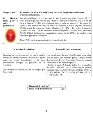 6
Comparaison La manière de Jésus Christ (PSL) de suivre les Prophètes antérieurs et
d'accomplir leurs lois.
3- Moments
précis pour la
prière
quotidienne
Les temps bibliques de la prière sont: le soir, le matin, et à midi (Psaume 55:17),
voire plusieurs prières peuvent être situées à l'intérieur de ces trois fois, il a été dit
dans le Psaume 119:164 «Sept fois par jour, je redis tes louanges” . La prière de
l’aube a été mentionnée dans la Bible en araméen in Plain English: (Psaumes
05:03), avant la prière de l'aube: (Psalms.119: 147) .. La prière à minuit:.
(Psalms.119: 62). Il ya des moments précis de la prière: (Psaume 32:6), (Psaume
69:13). C'était évidemment inacceptable, selon David (PSL), de négliger les
moments appropriés de la prière.
Jésus (PSL) a soigneusement suivi et respecté cette loi.
La manière des chrétiens La manière des musulmans
Beaucoup de chrétiens ne suivent pas le modèle
formel des prières du matin, du soir et la prière
avant les repas( bénédiction) . Ce type
d'informalité manque de précision et de
répétition.
Les chrétiens ne suivent pas la loi remplie par
Jésus (psl).
Les musulmans doivent régulièrement prier cinq
fois par jour à des moments précis. Chaque prière
dure environ de 5 à 10 minutes. Ces cinq prières
surviennent à des moments précis:
1.l’aube, .2 midi, .3. l’après midi , .4 -. le coucher
du soleil, 5.la nuit . Il y a aussi d'autres prières
surérogatoires . Le Noble Coran: (20:132), (7:205),
(33:42), (48:9), (76:25), (24:58), (52:49), (17:78),
(11:114), (20:130).
Jésus était-il chrétien?
Jésus était-il musulman?
 
