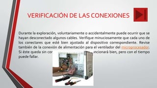 VERIFICACIÓN DE LAS CONEXIONES
Durante la exploración, voluntariamente o accidentalmente puede ocurrir que se
hayan desconectado algunos cables. Verifique minuciosamente que cada uno de
los conectares que esté bien ajustado al dispositivo correspondiente. Revise
también de la conexión de alimentación para el ventilador del microprocesador.
Si éste queda sin corriente, la computadora funcionará bien, pero con el tiempo
puede fallar.
 