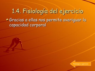 1.4. Fisiología del ejercicio Gracias a ellas nos permite averiguar la capacidad corporal Fisiología y ejercicio 
