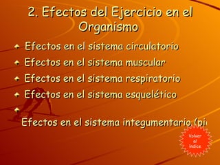 2. Efectos del Ejercicio en el Organismo   Efectos en el sistema circulatorio  Efectos en el sistema muscular  Efectos en el sistema respiratorio  Efectos en el sistema esquelético  Efectos en el sistema integumentario (piel)  Volver al índice 