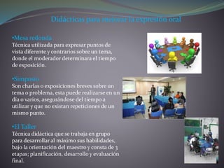 Didácticas para mejorar la expresión oral
•Mesa redonda
Técnica utilizada para expresar puntos de
vista diferente y contrarios sobre un tema,
donde el moderador determinara el tiempo
de exposición.
•Simposio
Son charlas o exposiciones breves sobre un
tema o problema, esta puede realizarse en un
día o varios, asegurándose del tiempo a
utilizar y que no existan repeticiones de un
mismo punto.
•El Taller
Técnica didáctica que se trabaja en grupo
para desarrollar al máximo sus habilidades,
bajo la orientación del maestro y consta de 3
etapas; planificación, desarrollo y evaluación
final.
 