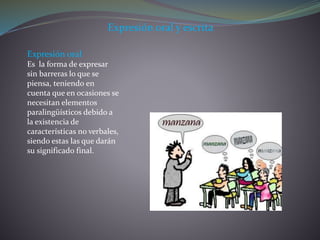 Expresión oral y escrita
Expresión oral
Es la forma de expresar
sin barreras lo que se
piensa, teniendo en
cuenta que en ocasiones se
necesitan elementos
paralingüísticos debido a
la existencia de
características no verbales,
siendo estas las que darán
su significado final.
 