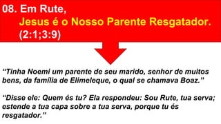 08. Em Rute,
Jesus é o Nosso Parente Resgatador.
(2:1;3:9)
“Tinha Noemi um parente de seu marido, senhor de muitos
bens, da família de Elimeleque, o qual se chamava Boaz.”
“Disse ele: Quem és tu? Ela respondeu: Sou Rute, tua serva;
estende a tua capa sobre a tua serva, porque tu és
resgatador.”
 