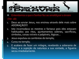 Sabe-se que a videira estéril em si não tinha feito nada para que merecesse tal castigo, mas o Senhor estava ali ensinando aos discípulos tudo o que aconteceria mais adiante, o julgamento de ISRAEL, a destruição do templo, e nada mais semelhante com Israel que uma figueira estéril, linda por fora cheia de folhas, mas sem fruto algum. Estremecidos com a palavra de maldição do mestre os discípulos exclamaram como secou-se depressa. Jesus responde os ensinando a ter fé que se acreditassem até o monte das oliveiras poderia ser jogado no mar morto.