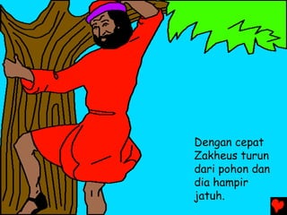 Dengan cepat
Zakheus turun
dari pohon dan
dia hampir
jatuh.
 