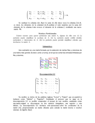 Se sustituyó la columna de por la suma de ella más veces la columna de ; 
es decir, los elementos de la columna de cambian el valor numérico por la suma del 
elemento de la columna más veces el elemento de la columna , resultando una nueva 
matriz . 
Matrices Particionadas 
Existen razones para querer particionar una matriz A, algunas de ellas son: (i) La 
partición puede simplificar la escritura de A. (ii) La partición puede exhibir detalles 
particulares e interesantes de A. (iii) La partición puede permitir simplificar cálculos que 
involucran la matriz A. 
Submatrices 
Una submatriz es una matriz formada por la selección de ciertas filas y columnas de 
una matriz más grande. Es decir, como un array, en el que se cortan las entradas limitadas por 
fila y columna. 
Descomposición LU 
Su nombre se deriva de las palabras inglesas "Lower" y "Upper", que en español se 
traducen como "Inferior" y "Superior". Estudiando el proceso que se sigue en la 
descomposición LU es posible comprender el porqué de este nombre, analizando cómo 
una matriz original se descompone en dos matrices triangulares, una superior y otra 
inferior. La descomposición LU involucra solo operaciones sobre los coeficientes de la 
matriz [A], proporcionando un medio eficiente para calcular la matriz inversa o resolver 
sistemas de álgebra lineal. 
 