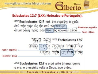 Eclesiastes 12:7 (LXX; Hebraico e Português).
´elohim = Deus
ruah = espírito
Pneuma = espírito
Teon = Deus