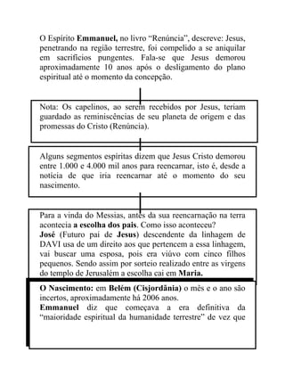 O Espírito Emmanuel, no livro “Renúncia”, descreve: Jesus,
penetrando na região terrestre, foi compelido a se aniquilar
em sacrifícios pungentes. Fala-se que Jesus demorou
aproximadamente 10 anos após o desligamento do plano
espiritual até o momento da concepção.


Nota: Os capelinos, ao serem recebidos por Jesus, teriam
guardado as reminiscências de seu planeta de origem e das
promessas do Cristo (Renúncia).


Alguns segmentos espíritas dizem que Jesus Cristo demorou
entre 1.000 e 4.000 mil anos para reencarnar, isto é, desde a
notícia de que iria reencarnar até o momento do seu
nascimento.


Para a vinda do Messias, antes da sua reencarnação na terra
acontecia a escolha dos pais. Como isso aconteceu?
José (Futuro pai de Jesus) descendente da linhagem de
DAVI usa de um direito aos que pertencem a essa linhagem,
vai buscar uma esposa, pois era viúvo com cinco filhos
pequenos. Sendo assim por sorteio realizado entre as virgens
do templo de Jerusalém a escolha cai em Maria.
O Nascimento: em Belém (Cisjordânia) o mês e o ano são
incertos, aproximadamente há 2006 anos.
Emmanuel diz que começava a era definitiva da
“maioridade espiritual da humanidade terrestre” de vez que
 