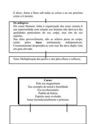 E disse: Amar a Deus sob todas as coisas e ao seu próximo
como a ti mesmo.

Os milagres:
Ele como Homem, tinha a organização dos seres carnais.A
sua superioridade com relação aos homens não derivava das
qualidades particulares do seu corpo, mas sim do seu
espírito.
Sua alma provavelmente, não se achava presa ao corpo,
senão     pelos    laços    estritamente   indispensáveis.
Constantemente desprendia-se com isso lhe dava dupla vista
em grau elevado.


Nota: Multiplicação dos peixes e dos pães (fluxo e refluxo)




                          Curas:
                  Pelo seu magnetismo
            Seu exemplo de moral e humildade
                   Era revolucionário
                    Padrão de beleza
                  Espírito mais evoluído
           Amar incondicionalmente o próximo.
 