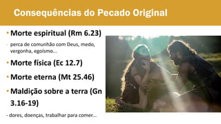 Consequências do Pecado Original
• Morte espiritual (Rm 6.23)
- perca de comunhão com Deus, medo,
vergonha, egoísmo...
•Morte física (Ec 12.7)
• Morte eterna (Mt 25.46)
•Maldição sobre a terra (Gn
3.16-19)
- dores, doenças, trabalhar para comer...
 
