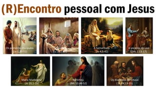 (R)Encontro pessoal com Jesus
Os primeiros discípulos
(Jo 1,35-51)
Zaqueu
(Lc 19,1-10)
A Samaritana
(Jo 4,5-42)
A vocação de Levi
(Mc 2,13-17)
Maria Madalena
(Jo 20,1-18)
Bartimeu
(Mc 10,46-52)
Os discípulos de Emaús
( Lc 24,13-35).
 