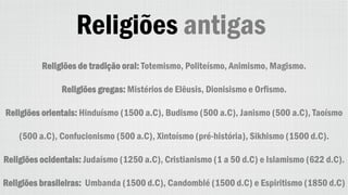 Religiões antigas
Religiões de tradição oral: Totemismo, Politeísmo, Animismo, Magismo.
Religiões gregas: Mistérios de Elêusis, Dionisismo e Orfismo.
Religiões orientais: Hinduísmo (1500 a.C), Budismo (500 a.C), Janismo (500 a.C), Taoísmo
(500 a.C), Confucionismo (500 a.C), Xintoísmo (pré-história), Sikhismo (1500 d.C).
Religiões ocidentais: Judaísmo (1250 a.C), Cristianismo (1 a 50 d.C) e Islamismo (622 d.C).
Religiões brasileiras: Umbanda (1500 d.C), Candomblé (1500 d.C) e Espiritismo (1850 d.C)
 