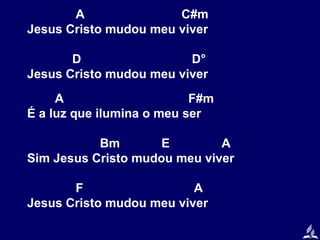 A
C#m
Jesus Cristo mudou meu viver
D
D°
Jesus Cristo mudou meu viver
A
F#m
É a luz que ilumina o meu ser
Bm
E
A
Sim Jesus Cristo mudou meu viver
F
A
Jesus Cristo mudou meu viver

 