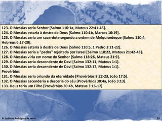 123. O Messias seria Senhor [Salmo 110:1a, Mateus 22:41-45].
124. O Messias estaria à destra de Deus [Salmo 110:1b, Marcos 16:19].
125. O Messias seria um sacerdote segundo a ordem de Melquisedeque [Salmo 110:4,
Hebreus 6:17-20].
126. O Messias estaria à destra de Deus [Salmo 110:5, 1 Pedro 3:21-22].
127. O Messias seria a "pedra" rejeitada por Israel [Salmo 118:22, Mateus 21:42-43].
128. O Messias viria em nome do Senhor [Salmo 118:26, Mateus 21:9].
129. O Messias seria descendente de Davi [Salmo 132:11, Mateus 1:1].
130. O Messias seria descendente de Davi [Salmo 132:17, Mateus 1:1].
Provérbios
131. O Messias seria oriundo da eternidade [Provérbios 8:22-23, João 17:5].
132. O Messias ascenderia e desceria do céu [Provérbios 30:4a, João 3:13].
133. Deus teria um Filho [Provérbios 30:4b, Mateus 3:16-17].




Pr Ladislau Rodrigues de Jesus                                                         10
 