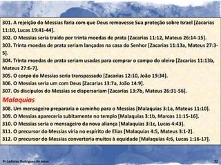 301. A rejeição do Messias faria com que Deus removesse Sua proteção sobre Israel [Zacarias
11:10, Lucas 19:41-44].
302. O Messias seria traído por trinta moedas de prata [Zacarias 11:12, Mateus 26:14-15].
303. Trinta moedas de prata seriam lançadas na casa do Senhor [Zacarias 11:13a, Mateus 27:3-
5].
304. Trinta moedas de prata seriam usadas para comprar o campo do oleiro [Zacarias 11:13b,
Mateus 27:6-7].
305. O corpo do Messias seria transpassado [Zacarias 12:10, João 19:34].
306. O Messias seria um com Deus [Zacarias 13:7a, João 14:9].
307. Os discípulos do Messias se dispersariam [Zacarias 13:7b, Mateus 26:31-56].
Malaquias
308. Um mensageiro prepararia o caminho para o Messias [Malaquias 3:1a, Mateus 11:10].
309. O Messias apareceria subitamente no templo [Malaquias 3:1b, Marcos 11:15-16].
310. O Messias seria o mensageiro da nova aliança [Malaquias 3:1c, Lucas 4:43].
311. O precursor do Messias viria no espírito de Elias [Malaquias 4:5, Mateus 3:1-2].
312. O precursor do Messias converteria muitos à equidade [Malaquias 4:6, Lucas 1:16-17].


Pr Ladislau Rodrigues de Jesus                                                              22
 