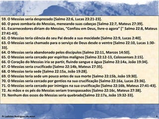 59. O Messias seria desprezado [Salmo 22:6, Lucas 23:21-23].
60. O povo zombaria do Messias, meneando suas cabeças [Salmo 22:7, Mateus 27:39].
61. Escarnecedores diriam do Messias, “Confiou em Deus, livre-o agora” [" Salmo 22:8, Mateus
27:41-43].
62. O Messias teria ciência do seu Pai desde a sua mocidade [Salmo 22:9, Lucas 2:40].
63. O Messias seria chamado para o serviço de Deus desde o ventre [Salmo 22:10, Lucas 1:30-
33].
64. O Messias seria abandonado pelos discípulos [Salmo 22:11, Marcos 14:50].
65. O Messias seria cercado por espíritos malignos [Salmo 22:12-13, Colossenses 2:15].
66. O Coração do Messias iria se partir, fluindo sangue e água [Salmo 22:14a, João 19:34].
67. O Messias seria crucificado [Salmo 22:14b, Mateus 27:35].
68. O Messias teria sede [Salmo 22:15a, João 19:28].
69. O Messias teria sede um pouco antes de sua morte [Salmo 22:15b, João 19:30].
70. O Messias seria cercado por gentios na sua crucificação [Salmo 22:16a, Lucas 23:36].
71. O Messias seria cercado por inimigos na sua crucificação [Salmo 22:16b, Mateus 27:41-43].
72. As mãos e os pés do Messias seriam transpassados [Salmo 22:16c, Mateus 27:38].
73. Nenhum dos ossos do Messias seria quebrado[Salmo 22:17a, João 19:32-33].




Pr Ladislau Rodrigues de Jesus                                                              6
 