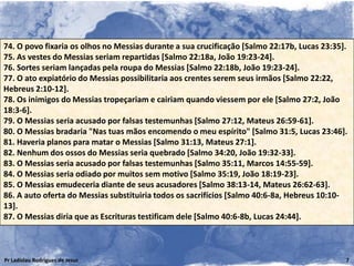 74. O povo fixaria os olhos no Messias durante a sua crucificação [Salmo 22:17b, Lucas 23:35].
75. As vestes do Messias seriam repartidas [Salmo 22:18a, João 19:23-24].
76. Sortes seriam lançadas pela roupa do Messias [Salmo 22:18b, João 19:23-24].
77. O ato expiatório do Messias possibilitaria aos crentes serem seus irmãos [Salmo 22:22,
Hebreus 2:10-12].
78. Os inimigos do Messias tropeçariam e cairiam quando viessem por ele [Salmo 27:2, João
18:3-6].
79. O Messias seria acusado por falsas testemunhas [Salmo 27:12, Mateus 26:59-61].
80. O Messias bradaria "Nas tuas mãos encomendo o meu espírito" [Salmo 31:5, Lucas 23:46].
81. Haveria planos para matar o Messias [Salmo 31:13, Mateus 27:1].
82. Nenhum dos ossos do Messias seria quebrado [Salmo 34:20, João 19:32-33].
83. O Messias seria acusado por falsas testemunhas [Salmo 35:11, Marcos 14:55-59].
84. O Messias seria odiado por muitos sem motivo [Salmo 35:19, João 18:19-23].
85. O Messias emudeceria diante de seus acusadores [Salmo 38:13-14, Mateus 26:62-63].
86. A auto oferta do Messias substituiria todos os sacrifícios [Salmo 40:6-8a, Hebreus 10:10-
13].
87. O Messias diria que as Escrituras testificam dele [Salmo 40:6-8b, Lucas 24:44].



Pr Ladislau Rodrigues de Jesus                                                               7
 