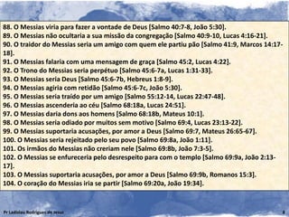 88. O Messias viria para fazer a vontade de Deus [Salmo 40:7-8, João 5:30].
89. O Messias não ocultaria a sua missão da congregação [Salmo 40:9-10, Lucas 4:16-21].
90. O traidor do Messias seria um amigo com quem ele partiu pão [Salmo 41:9, Marcos 14:17-
18].
91. O Messias falaria com uma mensagem de graça [Salmo 45:2, Lucas 4:22].
92. O Trono do Messias seria perpétuo [Salmo 45:6-7a, Lucas 1:31-33].
93. O Messias seria Deus [Salmo 45:6-7b, Hebreus 1:8-9].
94. O Messias agiria com retidão [Salmo 45:6-7c, João 5:30].
95. O Messias seria traído por um amigo [Salmo 55:12-14, Lucas 22:47-48].
96. O Messias ascenderia ao céu [Salmo 68:18a, Lucas 24:51].
97. O Messias daria dons aos homens [Salmo 68:18b, Mateus 10:1].
98. O Messias seria odiado por muitos sem motivo [Salmo 69:4, Lucas 23:13-22].
99. O Messias suportaria acusações, por amor a Deus [Salmo 69:7, Mateus 26:65-67].
100. O Messias seria rejeitado pelo seu povo [Salmo 69:8a, João 1:11].
101. Os irmãos do Messias não creriam nele [Salmo 69:8b, João 7:3-5].
102. O Messias se enfureceria pelo desrespeito para com o templo [Salmo 69:9a, João 2:13-
17].
103. O Messias suportaria acusações, por amor a Deus [Salmo 69:9b, Romanos 15:3].
104. O coração do Messias iria se partir [Salmo 69:20a, João 19:34].


Pr Ladislau Rodrigues de Jesus                                                           8
 