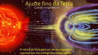 Ajuste fino da Terra
O núcleo da Terra gera um campo magnético
regulado que nos protege dos ventos solares
Campo magnético
 