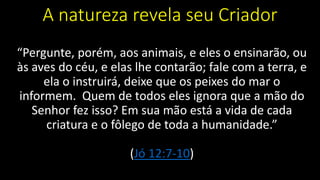 A natureza revela seu Criador
“Pergunte, porém, aos animais, e eles o ensinarão, ou
às aves do céu, e elas lhe contarão; fale com a terra, e
ela o instruirá, deixe que os peixes do mar o
informem. Quem de todos eles ignora que a mão do
Senhor fez isso? Em sua mão está a vida de cada
criatura e o fôlego de toda a humanidade.”
(Jó 12:7-10)
 