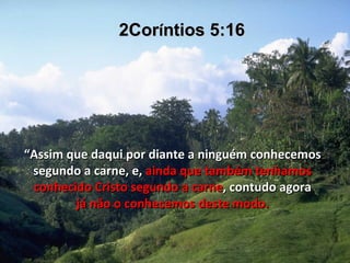 2Coríntios 5:16




“Assim que daqui por diante a ninguém conhecemos
 segundo a carne, e, ainda que também tenhamos
 conhecido Cristo segundo a carne, contudo agora
        já não o conhecemos deste modo.
 