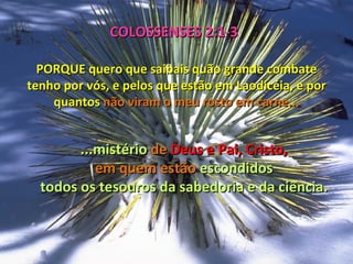 COLOSSENSES 2:1-3

  PORQUE quero que saibais quão grande combate
tenho por vós, e pelos que estão em Laodicéia, e por
    quantos não viram o meu rosto em carne...


        ...mistério de Deus e Pai, Cristo,
           em quem estão escondidos
  todos os tesouros da sabedoria e da ciência.
 