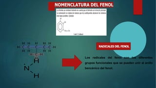 RADICALES DEL FENOL
Los radicales del fenol son los diferentes
grupos funcionales que se pueden unir al anillo
bencénico del fenol.
 