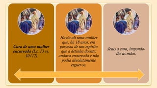 Havia ali uma mulher
                           que, há 18 anos, era
Cura de uma mulher       possessa de um espírito
                                                   Jesus a cura, impondo-
encurvada (Lc. 13 vs.     que a detinha doente:
                        andava encurvada e não          lhe as mãos.
      10/17)
                          podia absolutamente
                                erguer-se.
 